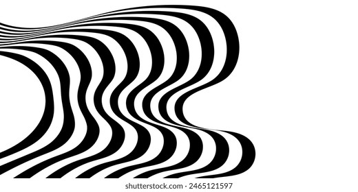 Black on white abstract perspective line stripes with 3d dimensional effect isolated on white.