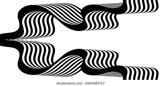 Black on white abstract perspective line wave stripes with 3d dimensional effect isolated on white.