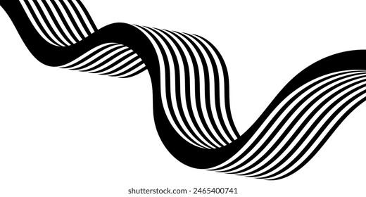 Negro sobre blanco abstracto de la línea de la perspectiva de las rayas de onda con efecto 3d dimensional aislado en blanco.