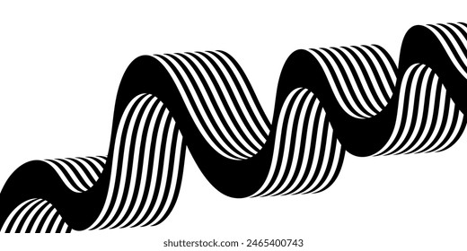 Black on white abstract perspective line wave stripes with 3d dimensional effect isolated on white.