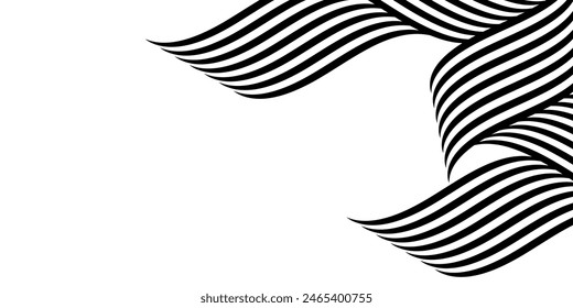 Black on white abstract perspective line wave stripes with 3d dimensional effect isolated on white.