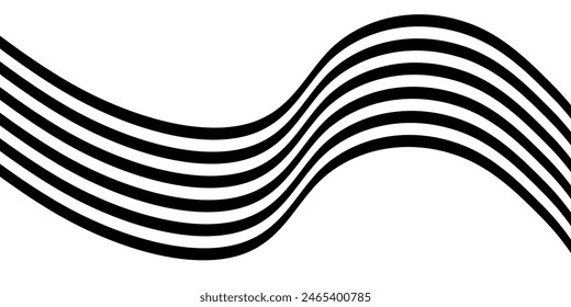 Black on white abstract perspective line wave stripes with 3d dimensional effect isolated on white.