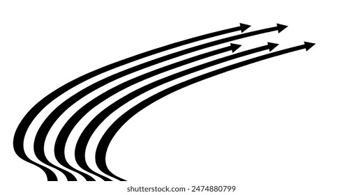 Black on white abstract perspective line stripes with arrow and view with 3d dimensional effect isolated on white.