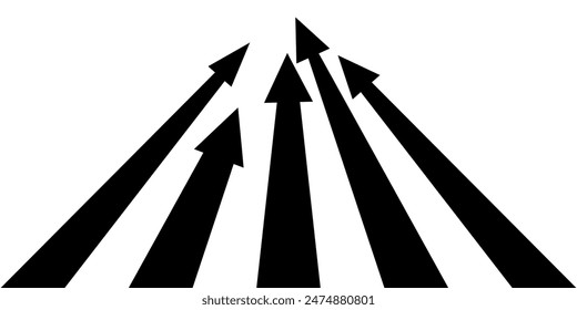 Black on white abstract perspective line stripes with arrow and view with 3d dimensional effect isolated on white.