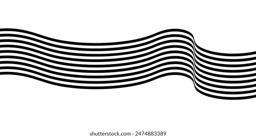 Black on white abstract perspective line wave stripes with 3d dimensional effect isolated on white.