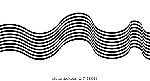 Black on white abstract perspective line wave stripes with 3d dimensional effect isolated on white.