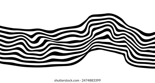 Black on white abstract perspective line wave stripes with 3d dimensional effect isolated on white.