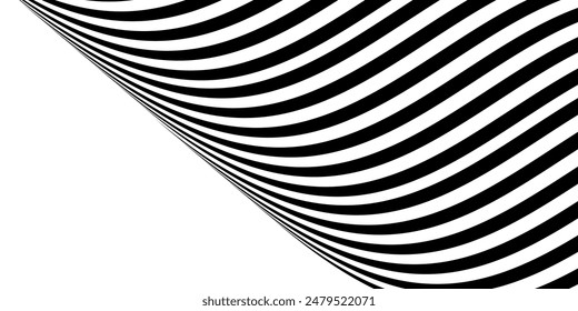 Black on white abstract perspective line wave stripes with 3d dimensional effect isolated on white background