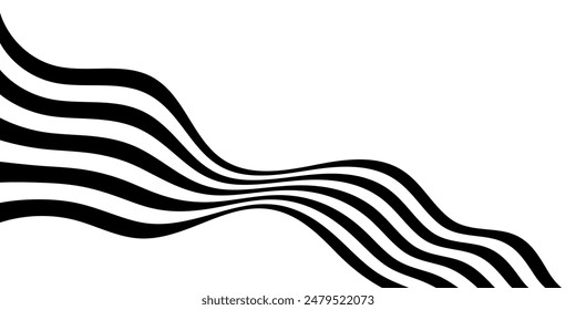 Black on white abstract perspective line wave stripes with 3d dimensional effect isolated on white background