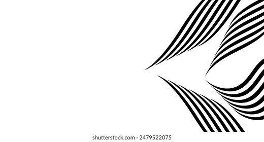 Black on white abstract perspective line wave stripes with 3d dimensional effect isolated on white background