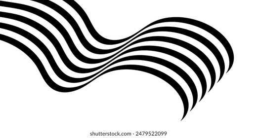 Black on white abstract perspective line wave stripes with 3d dimensional effect isolated on white background