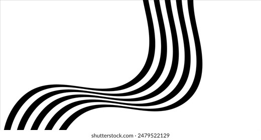 Black on white abstract perspective line wave stripes with 3d dimensional effect isolated on white background