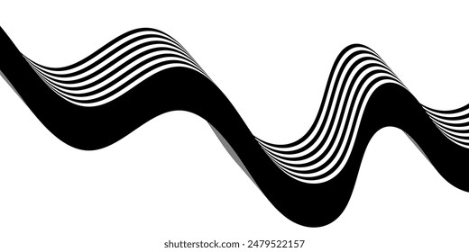 Black on white abstract perspective line wave stripes with 3d dimensional effect isolated on white background