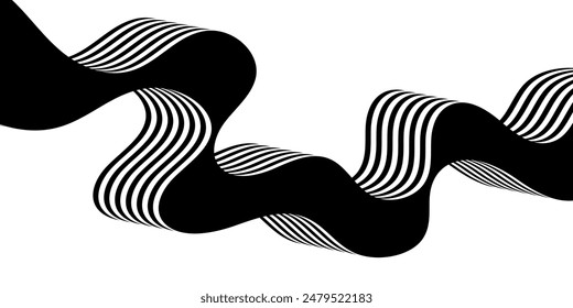 Black on white abstract perspective line wave stripes with 3d dimensional effect isolated on white background