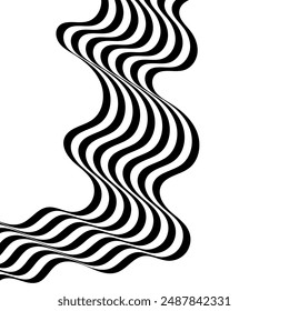 Black on white abstract perspective line wave stripes with 3d dimensional effect isolated on white background