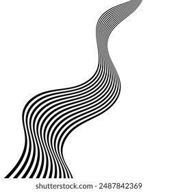 Black on white abstract perspective line wave stripes with 3d dimensional effect isolated on white background