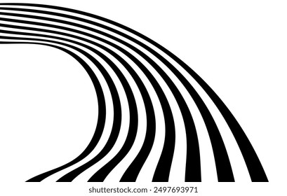 Black on white abstract perspective line wave stripes with 3d dimensional effect isolated on white background