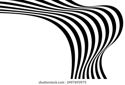 Black on white abstract perspective line wave stripes with 3d dimensional effect isolated on white background