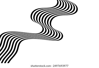 Rayas de onda de línea de perspectiva abstracta negra sobre blanca con efecto dimensional 3d aislado sobre fondo blanco
