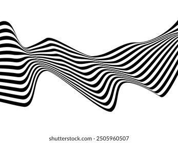 Black on white abstract perspective line wave stripes with 3d dimensional effect isolated on white.