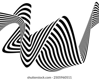 Black on white abstract perspective line wave stripes with 3d dimensional effect isolated on white.