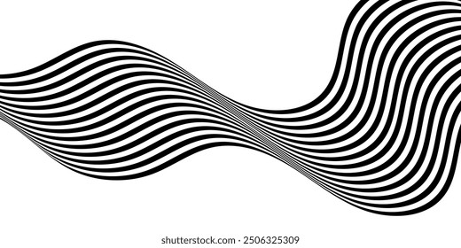 Black on white abstract perspective line wave stripes with 3d dimensional effect isolated on white. optical illusion op line art.