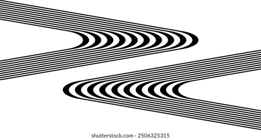 Black on white abstract perspective line wave stripes with 3d dimensional effect isolated on white. optical illusion op line art.