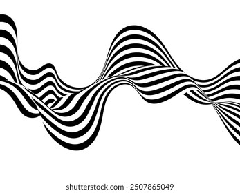 Black on white abstract perspective line wave stripes with 3d dimensional effect isolated on white an d black background.