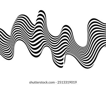 Black on white abstract perspective line wave stripes with 3D effect isolated on white.