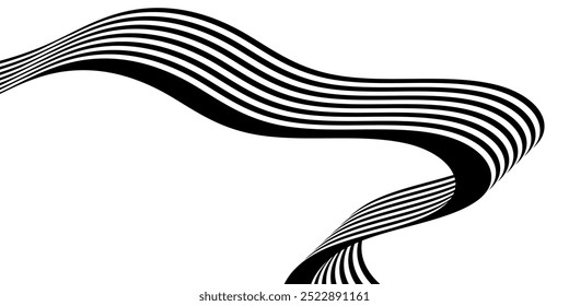 Rayas de onda de línea de perspectiva abstracta negra sobre blanca con efecto dimensional 3d