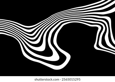 Black on white abstract perspective line wave stripes with 3d dimensional effect isolated on black.