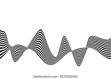 Black on white abstract perspective line wave stripes with 3d dimensional effect isolated on white.