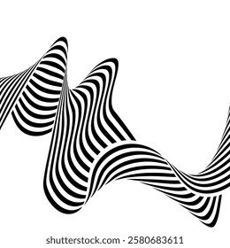 Black on white abstract perspective lines of wavy lines with three-dimensional effect isolated on white.