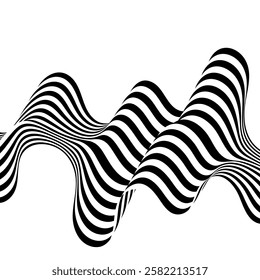Black on white abstract perspective lines of wavy lines with three-dimensional effect isolated on white.