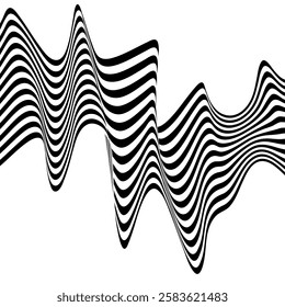 Black on white abstract perspective line wave stripes with 3d dimensional effect isolated on white.