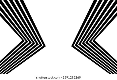 Black on white abstract perspective line stripes with 3d dimensional effect isolated on white.