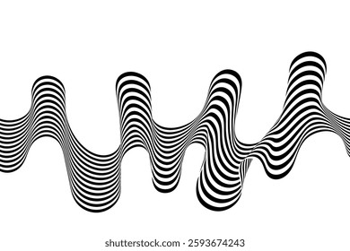 Black on white abstract perspective lines of wavy lines with three-dimensional effect isolated on white.
