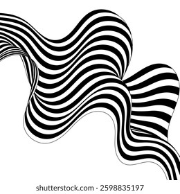 Black on white abstract perspective lines of wavy lines with dimensional effect isolated on white.