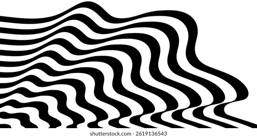Black on white abstract perspective line wave stripes with 3d dimensional effect isolated on white.