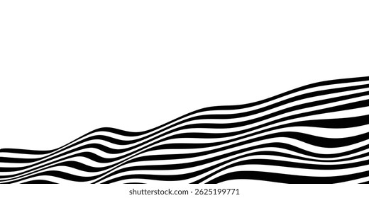 Black on white abstract perspective line wave stripes with 3d dimensional effect isolated on white.