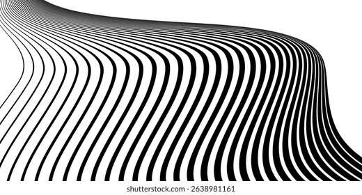 Black on white abstract perspective line wave stripes with 3d dimensional effect isolated on white background