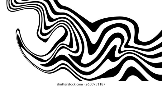 Black on white abstract perspective line wave stripes with 3d dimensional effect isolated on white.