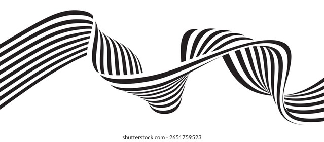 Black on white abstract perspective line wave stripes with 3d dimensional effect isolated on white. vector