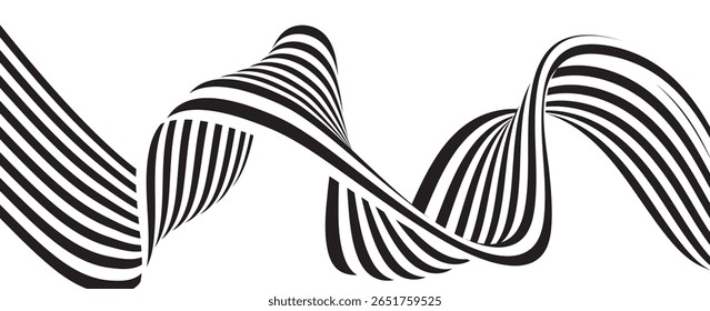 Preto em branco abstrato linhas de perspectiva listras de onda com efeito dimensional 3d isolado no branco.