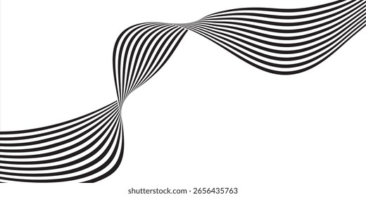 Rayas de onda de línea de perspectiva abstracta negra sobre blanca con efecto dimensional 3d aislado en blanco.