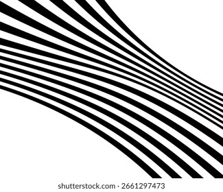 Rayas de línea de onda de perspectiva abstracta negra sobre blanca con efecto dimensional 3d aislado en blanco. ilustración de perspectiva lineal op art