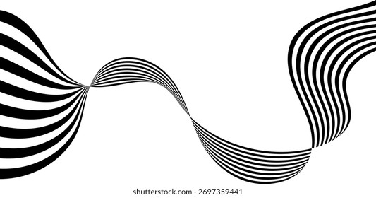Black on white abstract perspective line stripes with 3d dimensional effect isolated on white background