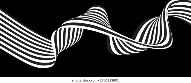 Rayas de onda de línea de perspectiva abstracta negra sobre blanca con efecto dimensional 3d aislado en blanco. Ilustración vectorial