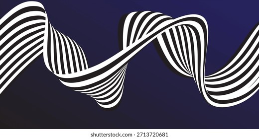 Rayas de onda de línea de perspectiva abstracta negra sobre blanca con efecto dimensional 3d aislado en azul oscuro. Vector