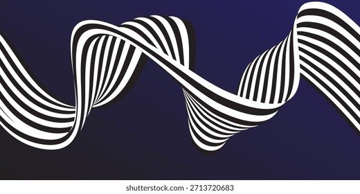 Schwarz auf weiß abstrakte perspektivische Linie Wellenstreifen mit 3D-dimensionalem Effekt einzeln auf dunkelblau. Vektor